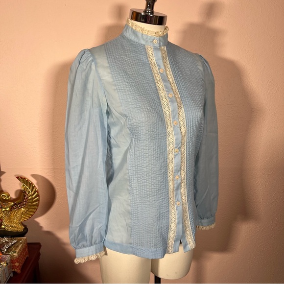 Vintage 60 70 MCM MOD Victorian Blue Lace High Collar Puff Sleeve Tuxedo Blouse - Picture 3 of 16